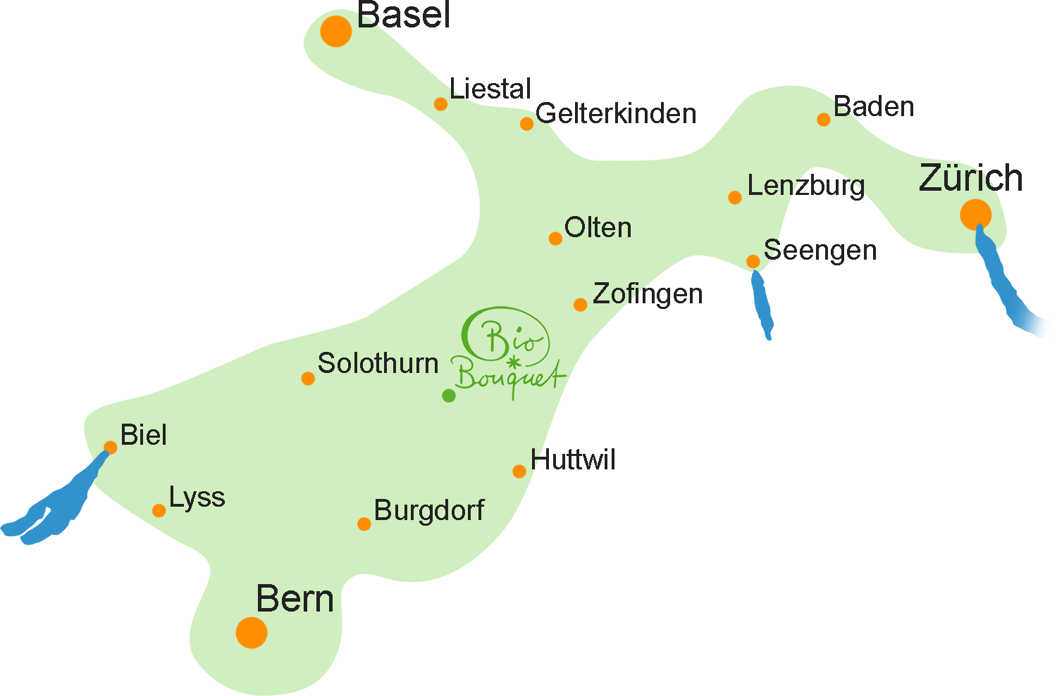 Das Liefergebiet von Biobouquet zwischen Bern, Biel, Basel, Olten und Lenzburg.