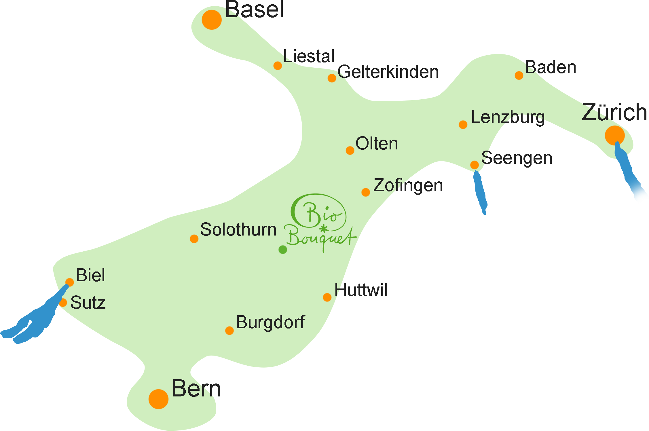 Das Liefergebiet von Biobouquet zwischen Bern, Biel, Basel, Olten und Lenzburg.