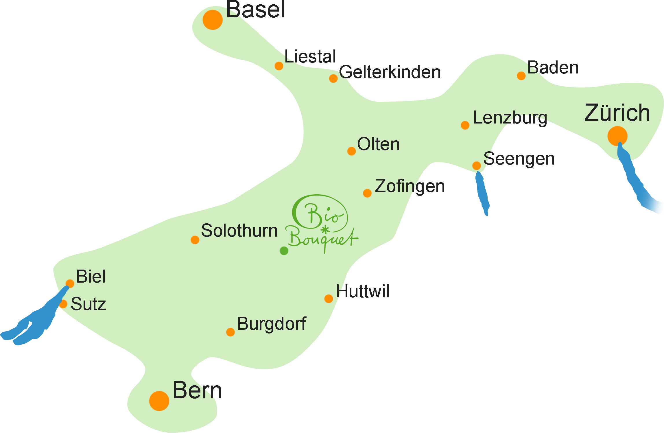 Das Liefergebiet von Biobouquet zwischen Bern, Biel, Basel, Olten und Lenzburg.