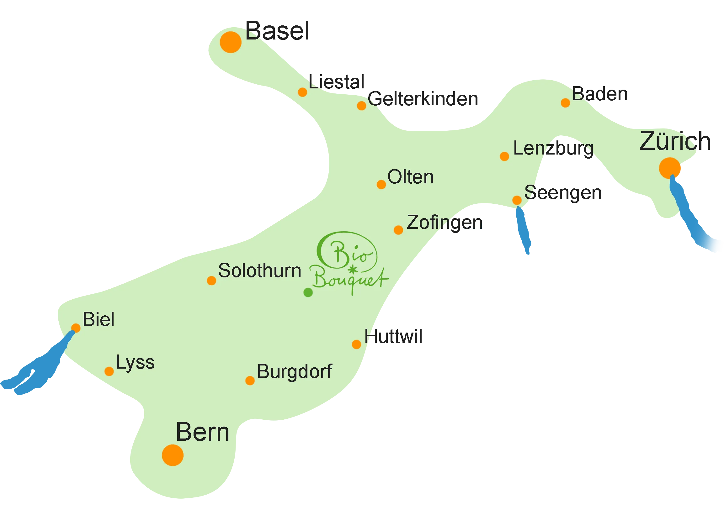 Das Liefergebiet von Biobouquet zwischen Bern, Biel, Basel, Olten und Lenzburg.